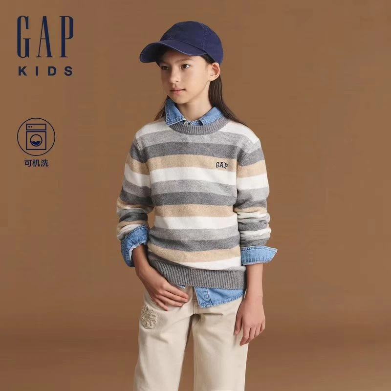 【大小童同款】Gap男女童2024秋冬新款撞色条纹针织衫毛衣666924