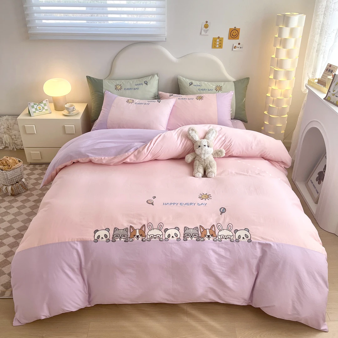 公主风全棉100%纯棉可爱卡通风绣花女孩三件套儿童四件套少女心