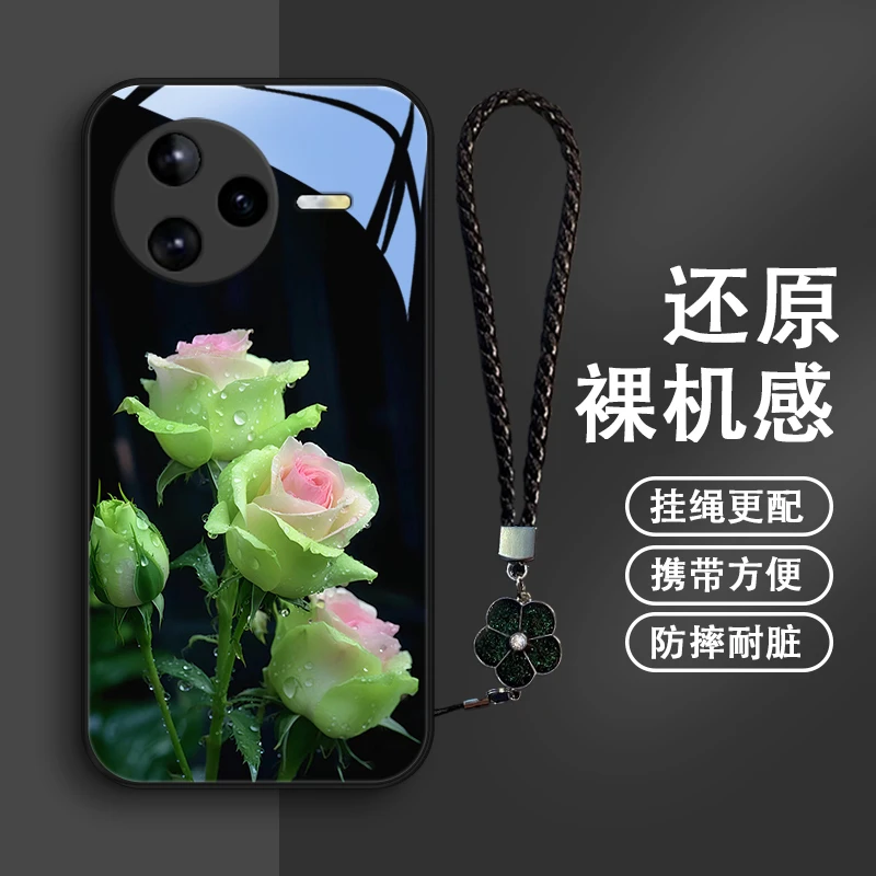 兰绿玫瑰适用小米红米k80手机壳红米k80pro挂绳玻璃保护套文艺女