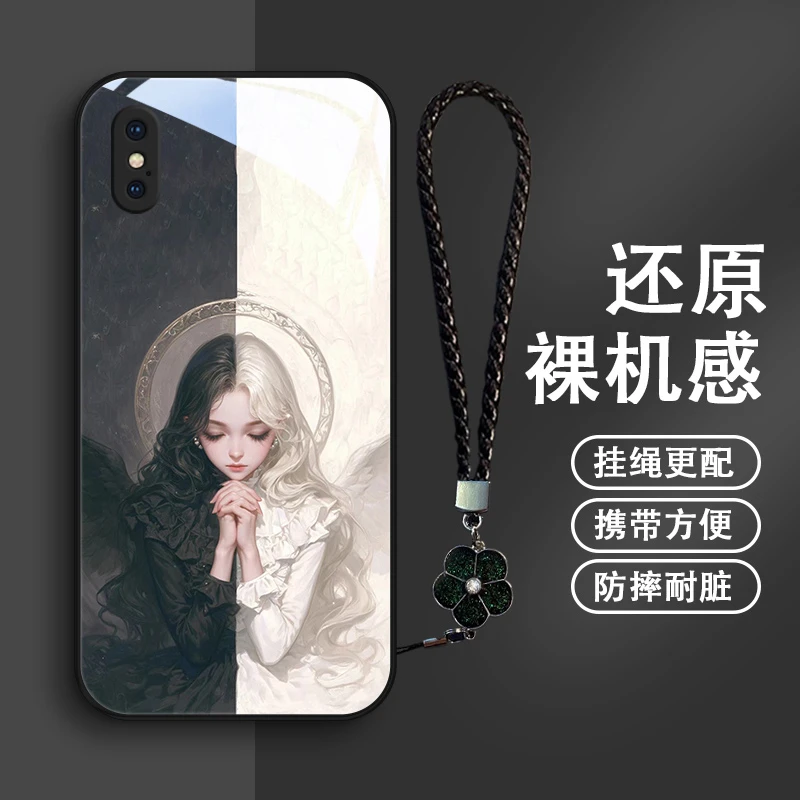 祈愿天使适用苹果xs手机壳iPhoneX女款奢华挂绳苹果XR玻璃保护套