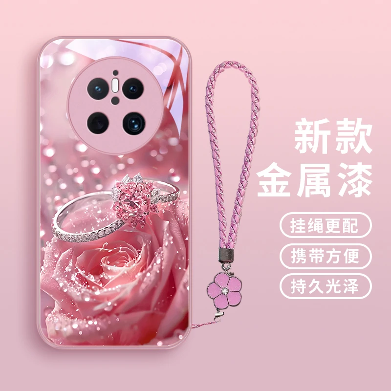 钻戒玫瑰适用华为mate70手机壳Mate70pro女款挂绳玻璃壳金属漆保