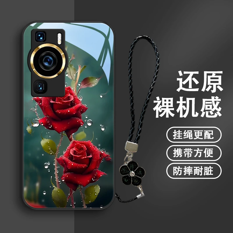 水晶玫瑰适用华为p60手机壳p60pro玻璃p50女款挂绳P40可爱p50pro
