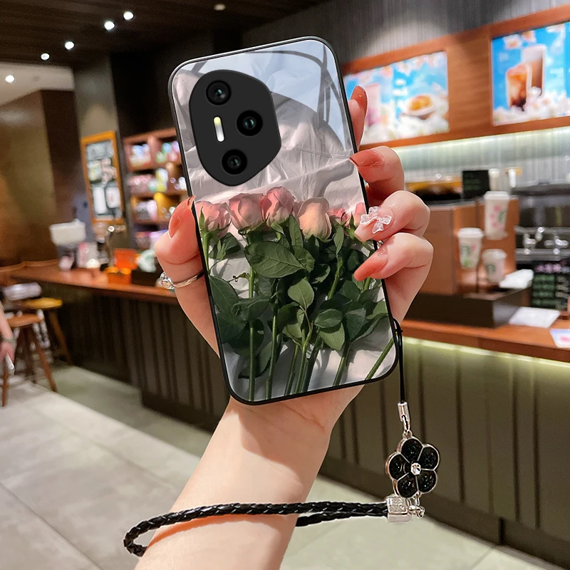 粉红花朵适用荣耀300手机壳新款荣耀300pro女挂绳玻璃壳300Ultra