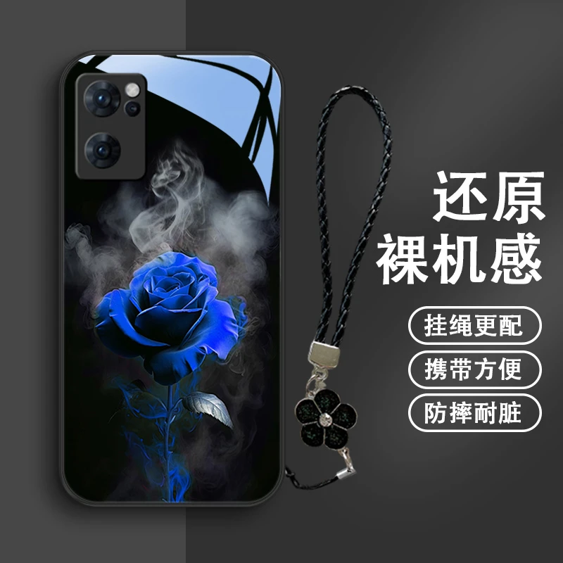 三色玫瑰适用opporeno7pro手机壳Reno7玻璃女款挂绳reno7se保护套