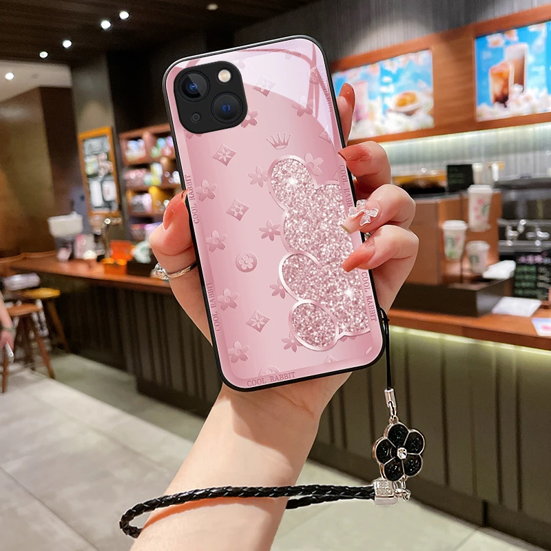 闪粉小兔适用苹果14手机壳iPhone14pro情侣新款挂绳14plus玻璃保
