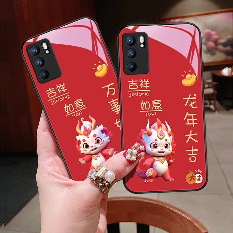 龙年大吉适用opporeno6pro手机壳Reno6玻璃男生小众红色reno6pro