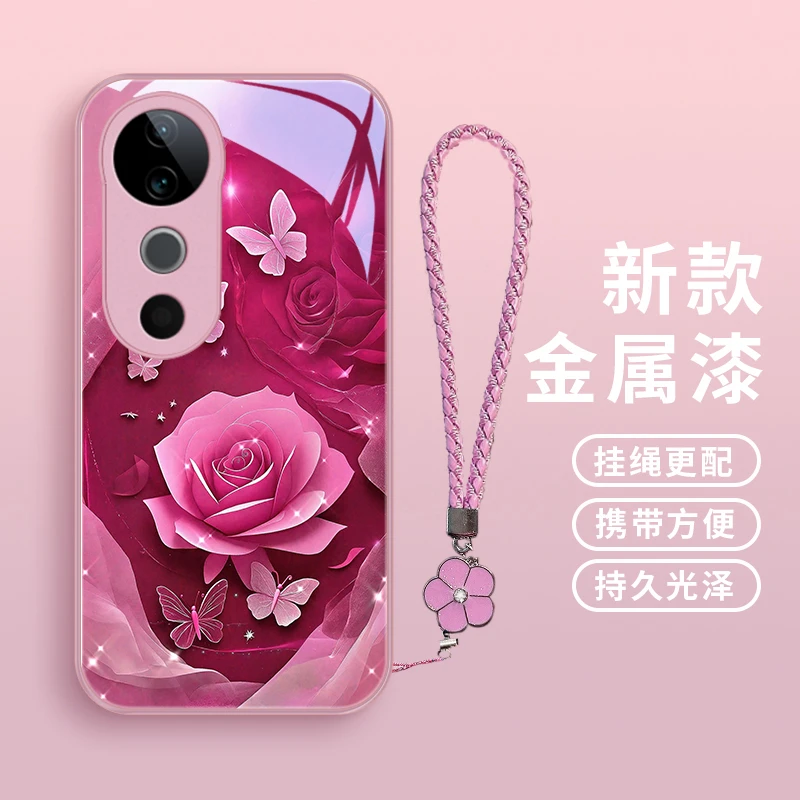 丽致花朵适用vivos19pro手机壳S19玻璃vivos19优美女款挂绳金属漆