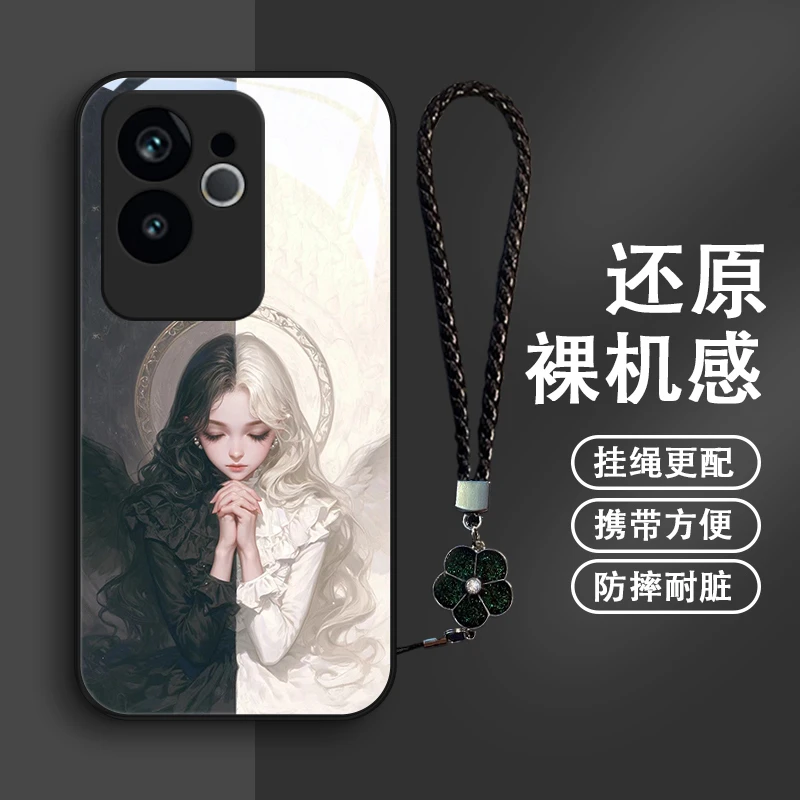 祈愿天使适用Realme真我GT6手机壳OPPO真我GT6挂绳玻璃保护套文艺