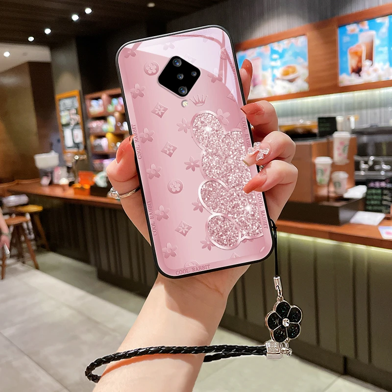 闪粉小兔适用vivoy9s手机壳y7s玻璃y5女款情侣vivo新款高级挂绳y3