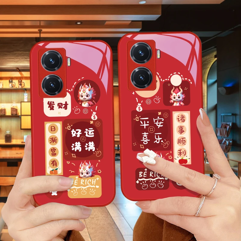 岁岁平安适用vivoy77手机壳Y76s玻璃壳高级y73s金属漆Y70s红色y7