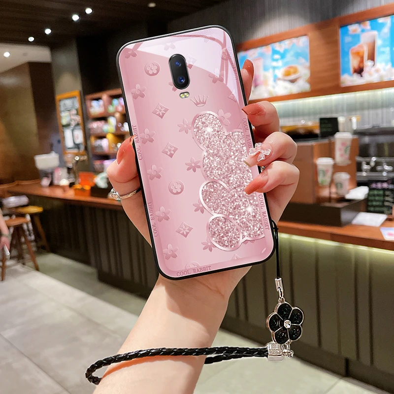 闪粉小兔适用oppor17pro手机壳R17玻璃r15女款高级挂绳R15梦境版
