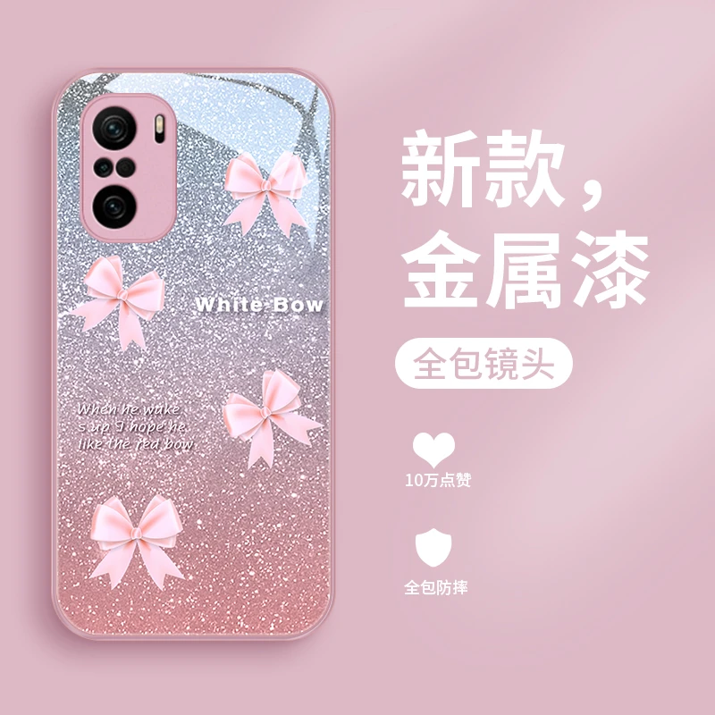 粉蝴蝶结适用小米红米k40手机壳K40pro玻璃k40s女款redmi超火全包