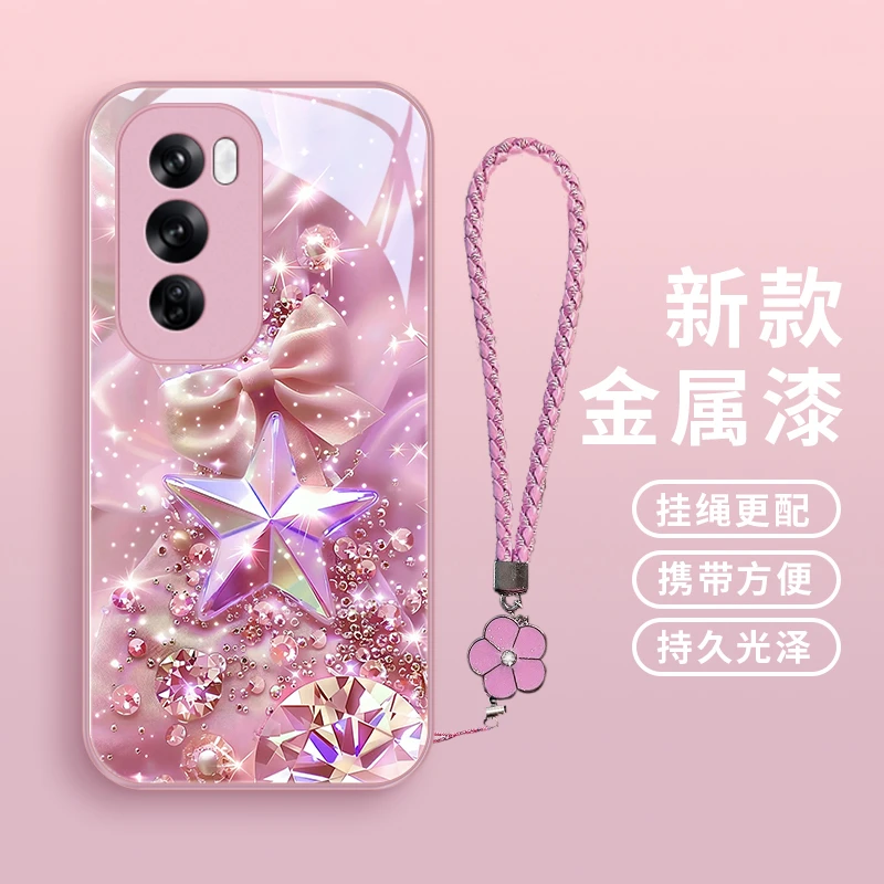 星钻闪闪适用opporeno12手机壳Reno12pro玻璃防摔女款个性挂绳保