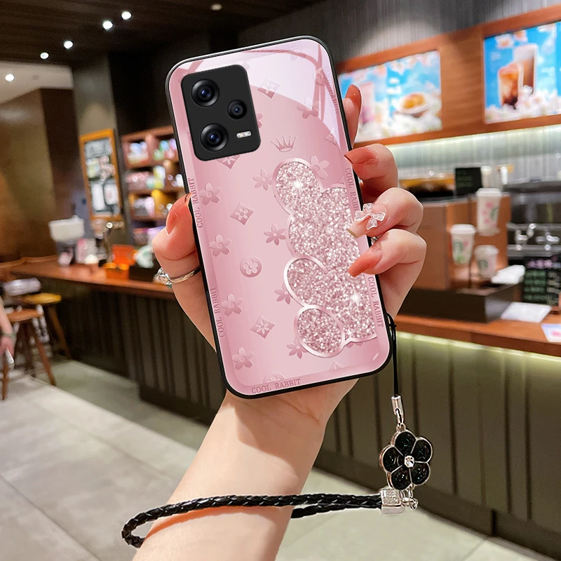 闪粉小兔适用小米红米note12pro手机壳红米12C情侣女款挂绳note12