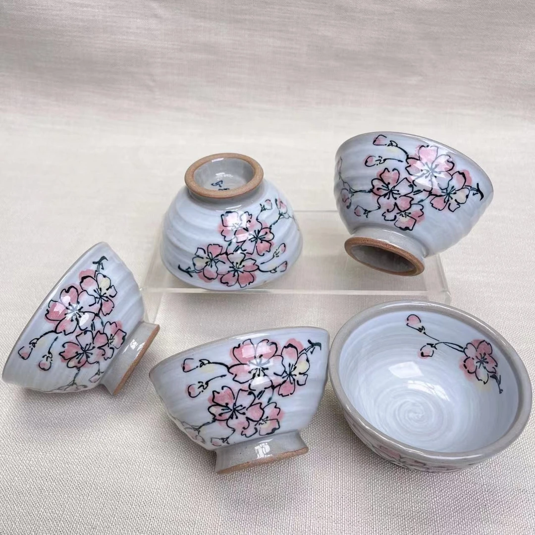 日本进口陶瓷餐具 好山手工手绘 樱花茶杯 碗茶渍碗9*5cm