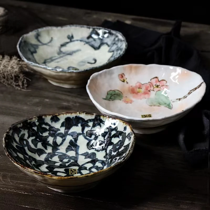 三角多用钵 日本进口陶瓷 陶碗 Bloom手工粗陶唐草山樱花异形钵