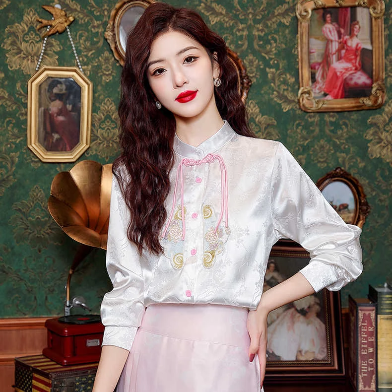 通通2515#重工刺绣提花白色衬衫女复古新中式盘扣雪纺长袖上衣