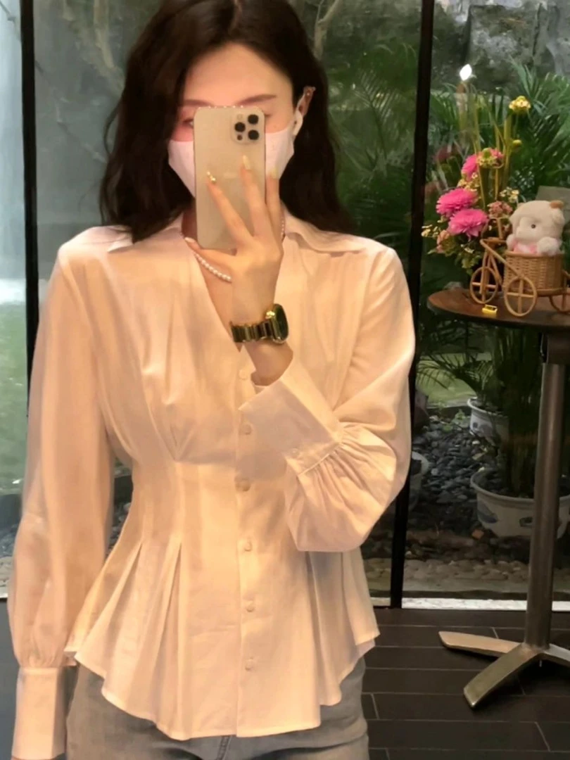 2548#名媛御姐风压褶衬衫女秋季新款收腰气质长袖V领白色正肩上衣