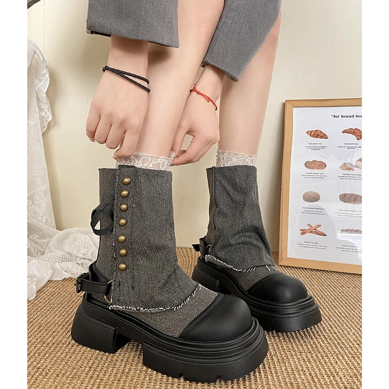 复古英伦风厚底马丁靴女款2025新款爆款秋季百搭增高牛仔裤管短靴