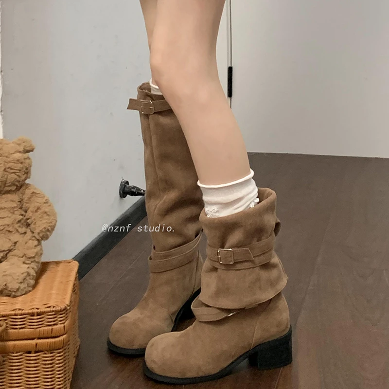 复古棕色美拉德粗跟长筒靴女2024新款春秋百搭小个子增高骑士靴子