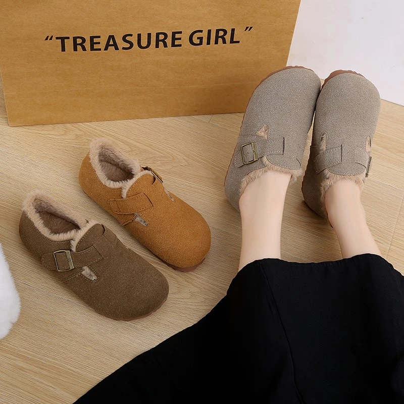 博肯鞋女加绒圆头包头半拖鞋外穿毛毛拖鞋秋冬懒人保暖软底豆豆鞋