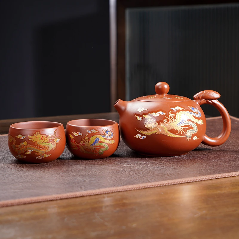 朱泥西施变色龙凤呈祥壶一鸣惊人（一壶两杯）