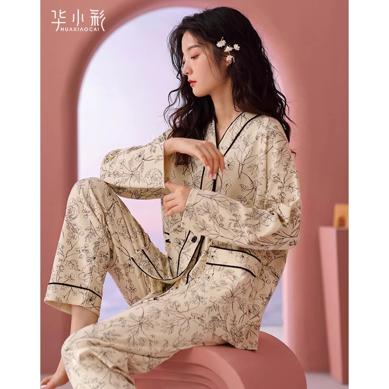 女人睡衣春秋款纯棉长袖复古风高级感开衫家居服秋冬大码宽松套装