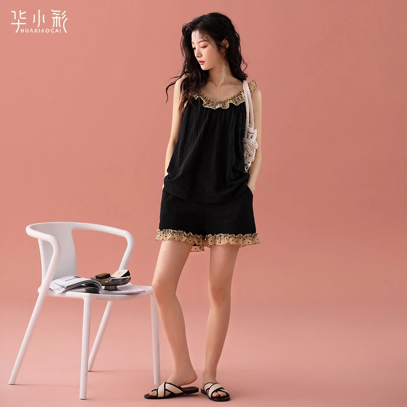 吊带短裤睡衣女夏季纯棉黑色高级感家居服夏天纯欲风性感两件套装