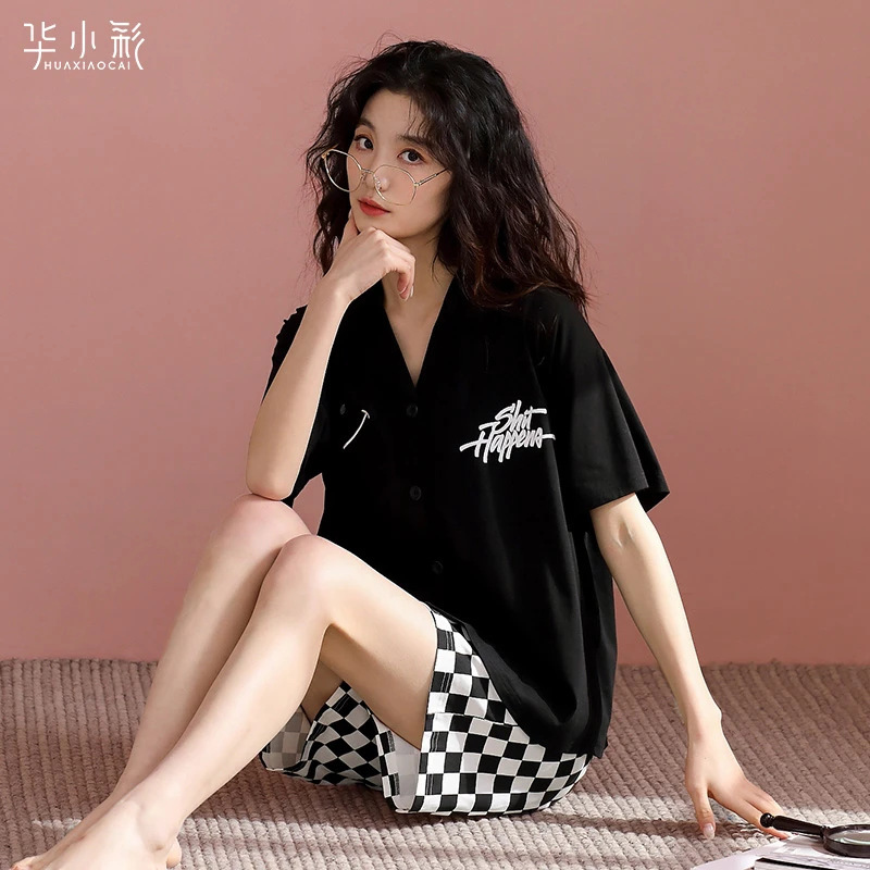 睡衣女夏季休闲可外穿家居服纯棉短袖短裤黑色棋盘格薄款情侣套装