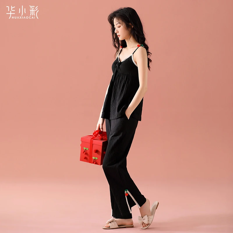 带胸垫吊带睡衣女人夏款纯棉薄款长款高级感黑色性感家居服两件套