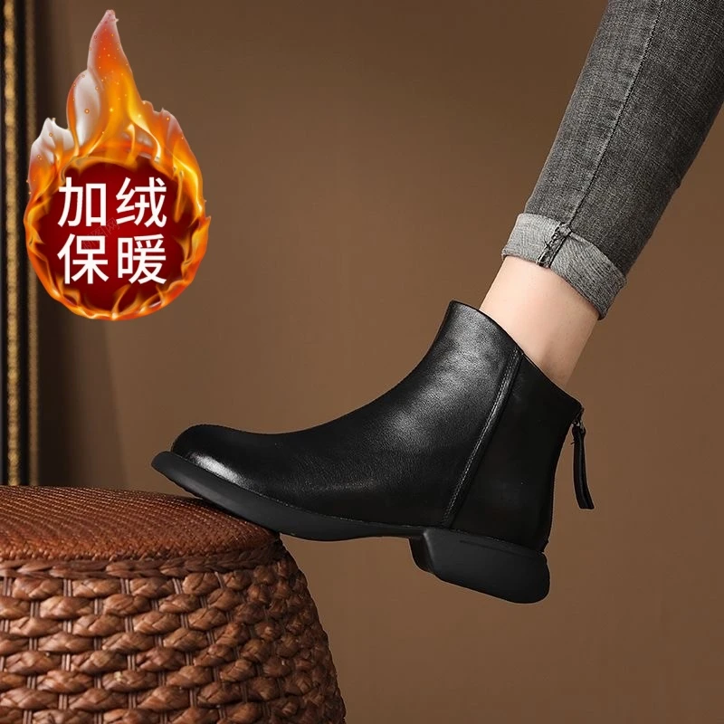 真皮牛皮瘦瘦靴2024秋季新款软底裸脚后拉链女鞋洋气真皮复古法式