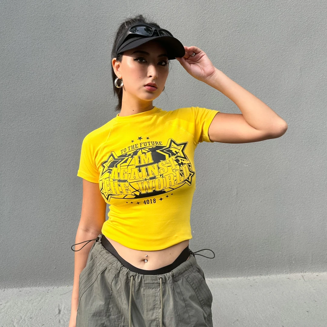 尤莱特字母印花美式复古亮黄色辣妹露脐紧身短袖T恤夏季
