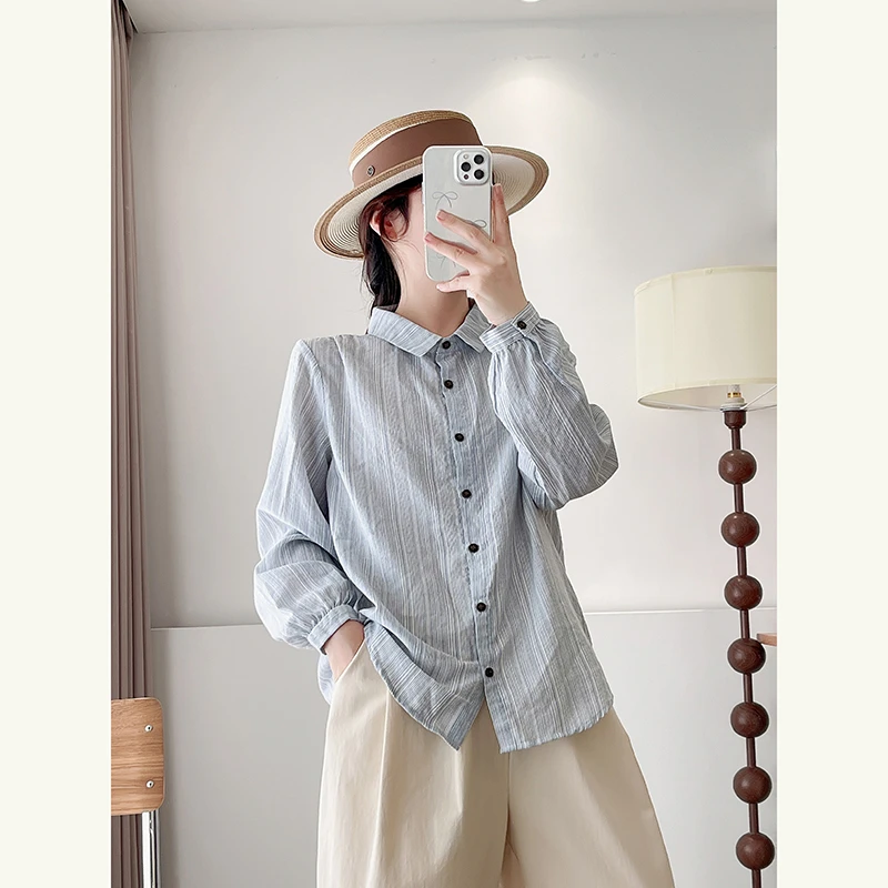 纯棉条纹气质衬衫女春秋设计感小众休闲复古通勤高货减龄上衣0084