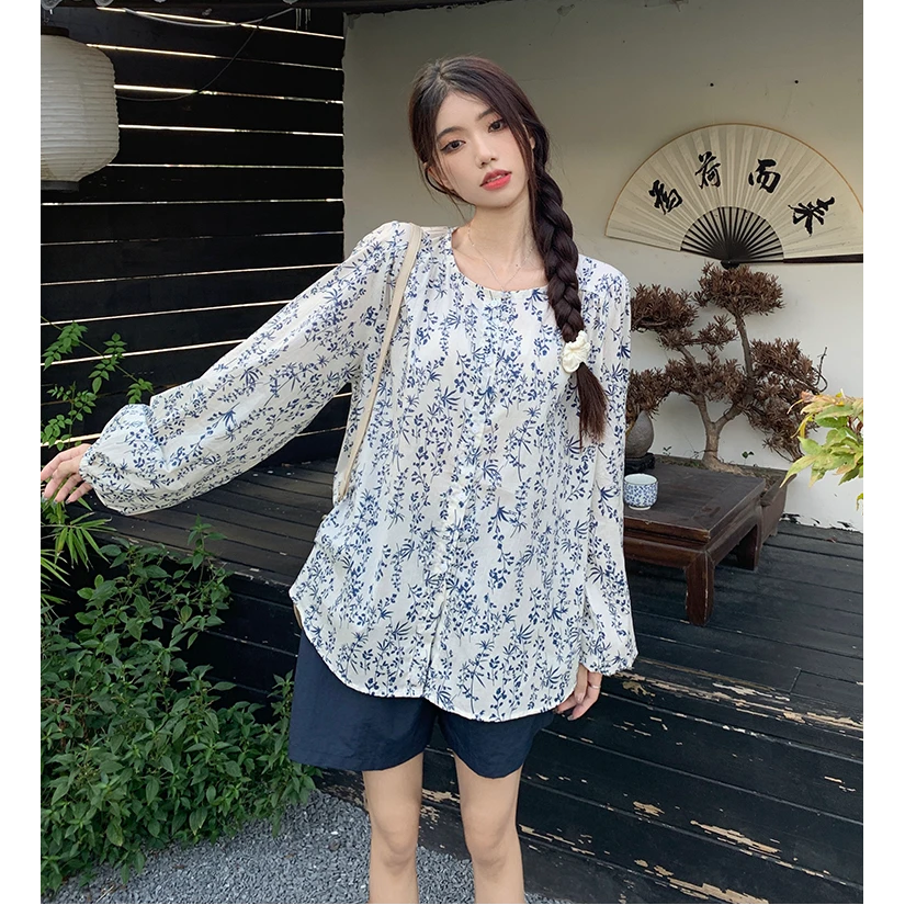 优雅气质森女穿搭洋气碎花小衫纯棉宽松韩版显瘦时髦百搭衬衫上衣