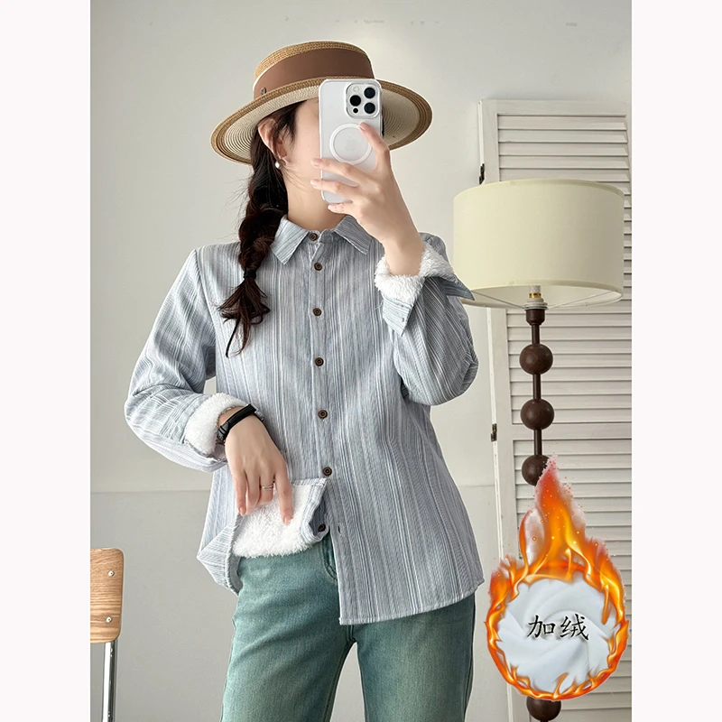 【多多外贸小号】条纹加绒加厚气质衬衫女小众休闲复古通勤保暖上衣