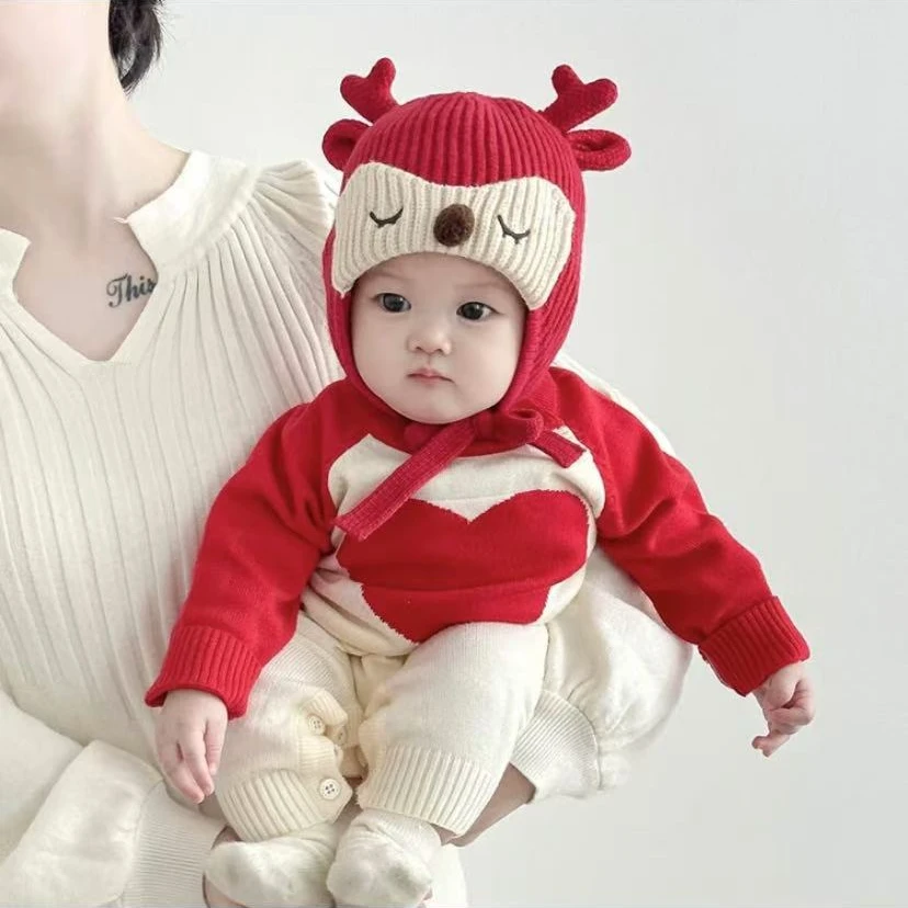 婴儿帽子冬天毛线帽可爱超萌护耳帽新生儿针织护耳帽加厚保暖防风