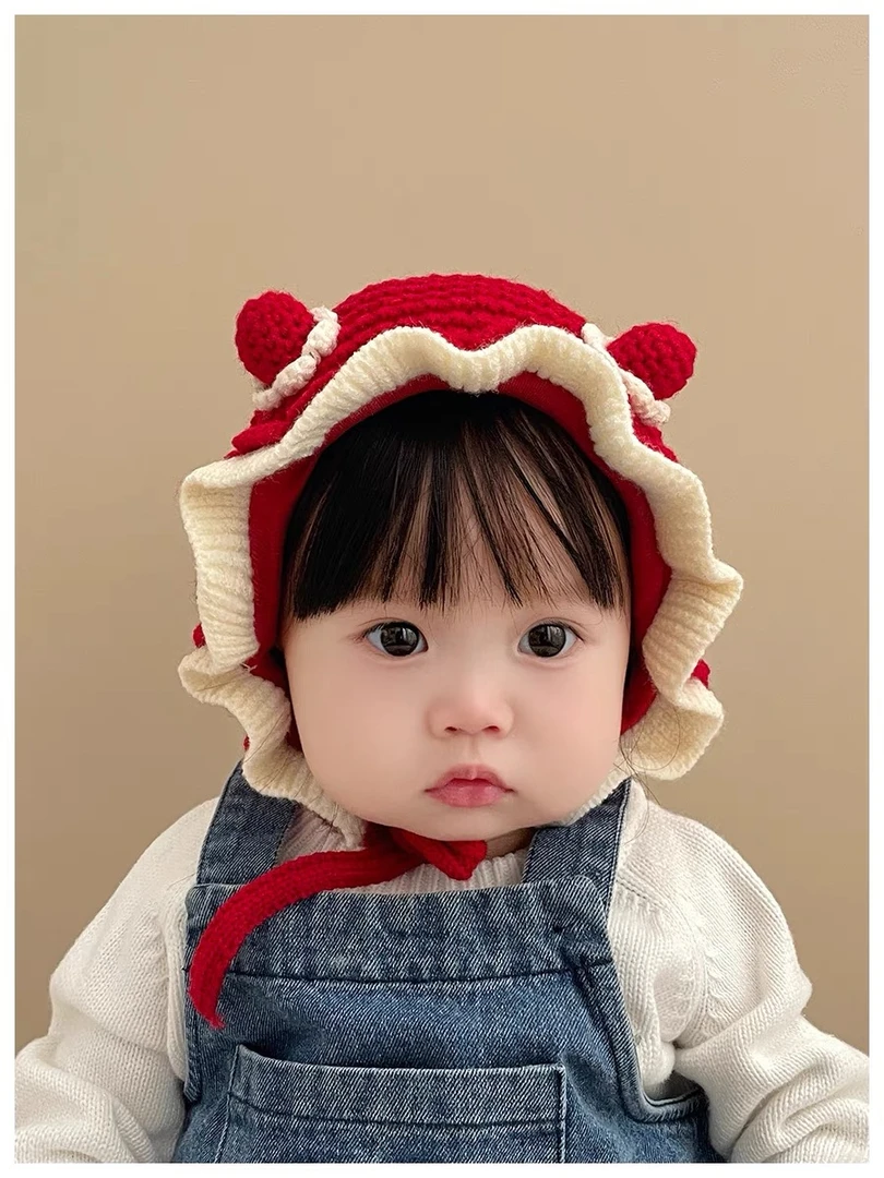 嘟嘟啦女宝宝护耳帽冬款保暖毛线帽子婴幼儿童后开叉公主帽可爱韩