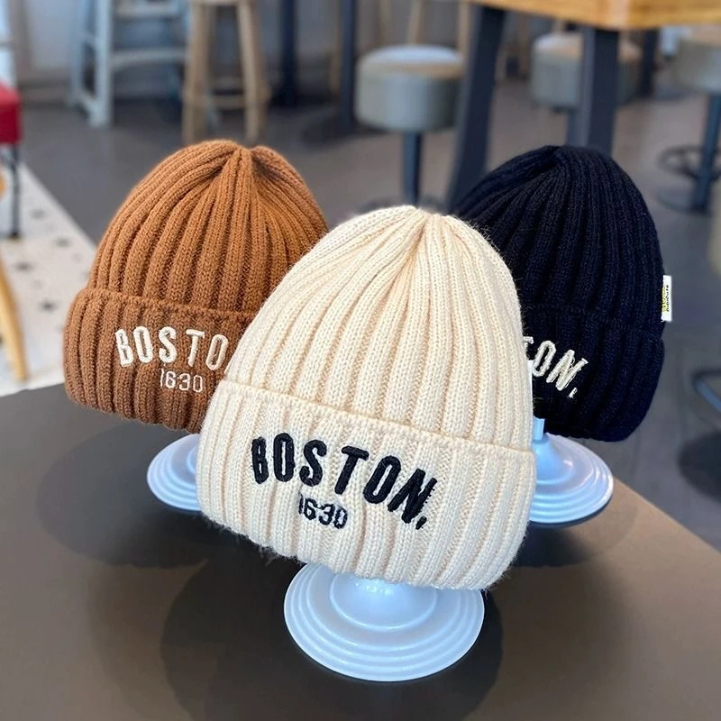 韩系儿童帽子秋冬季保暖护耳帽字母洋气宝宝时尚针织套头 帽毛线