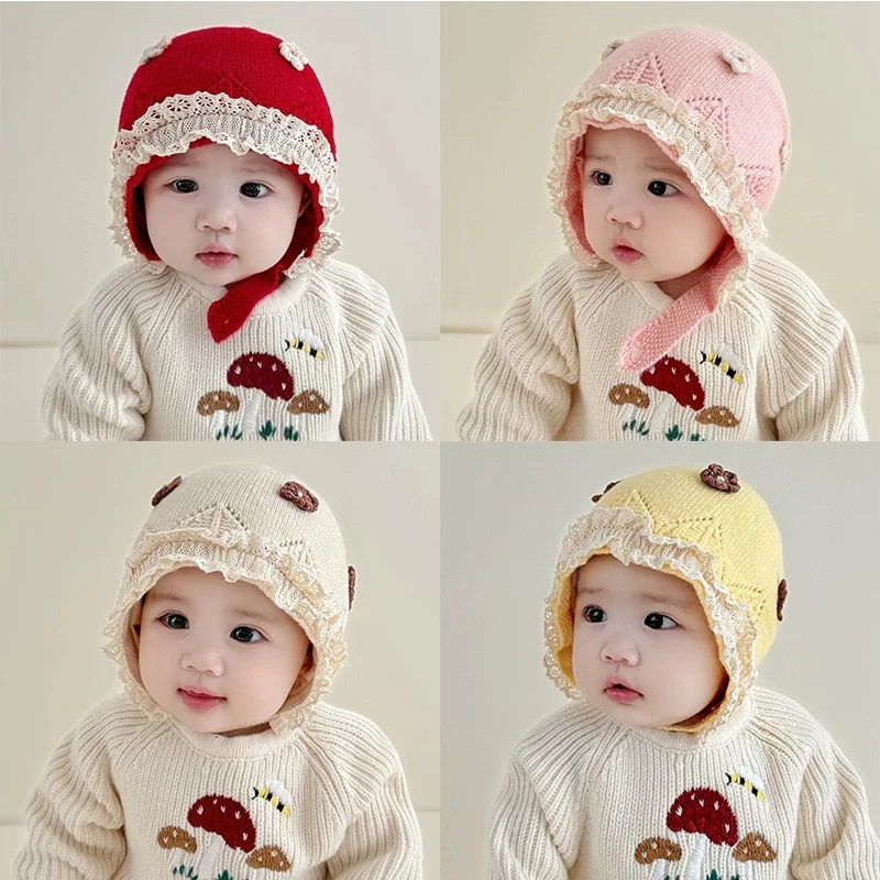 婴幼儿毛线帽秋冬季韩版小花甜美公主帽针织护耳帽女宝宝防风保暖