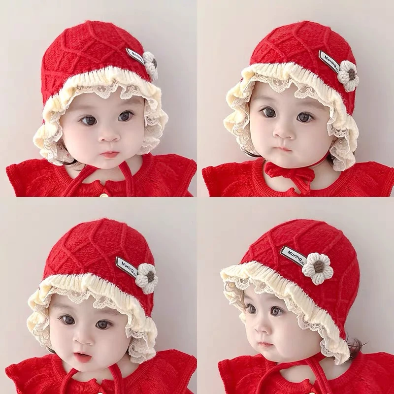 秋冬款婴儿花边毛线帽女宝宝渔夫帽幼儿甜美公主韩版护耳帽子冬季