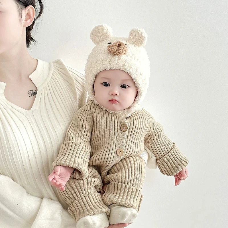 婴儿帽子秋冬季可爱男宝宝保暖护耳帽婴幼儿毛线帽小月龄冬季超萌