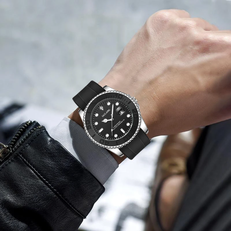 【商】新款纳米硅胶带透底飞轮黑游艇系列真钻男士腕表6612