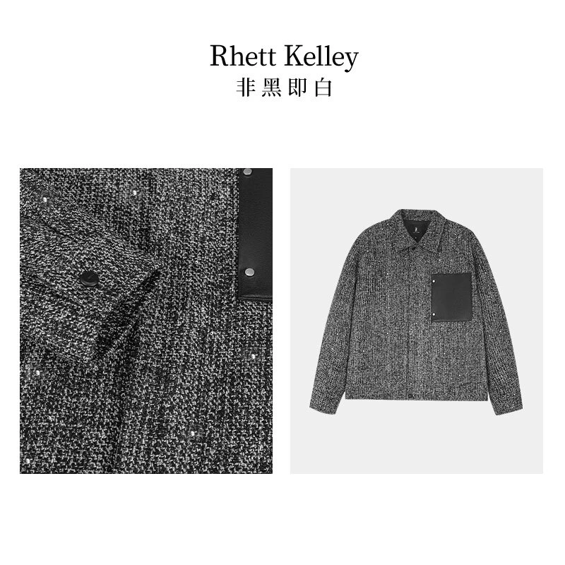【RHETT KELLEY】非黑即白粗花毛呢翻领男短款拼接亮片棉服外套q9