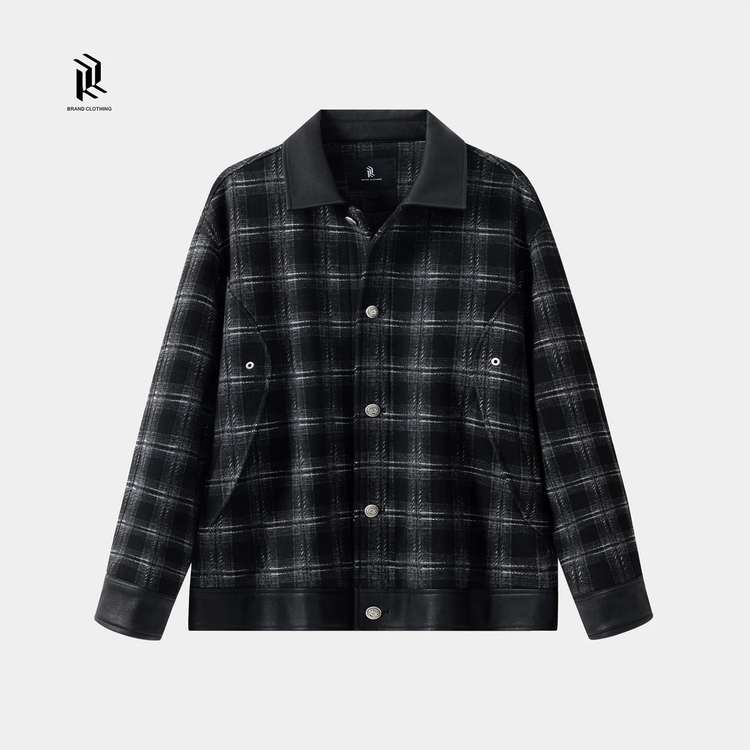 【RHETT KELLEY】复古编织格纹拼接皮外套翻领原创夹克秋冬外套q69