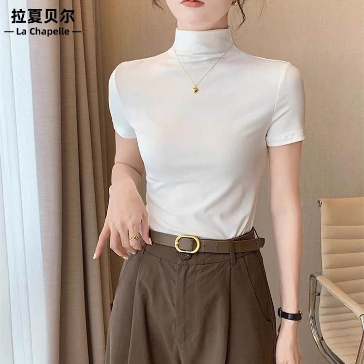 拉夏贝尔半高领螺纹短袖T恤女2024新款夏设计感小众显瘦修身时尚