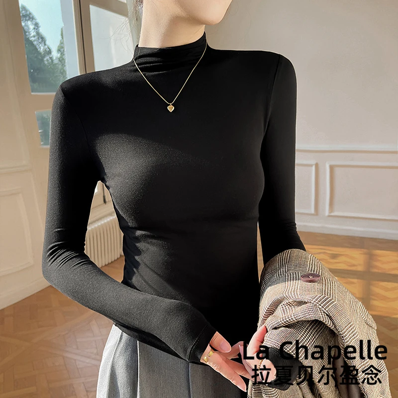 拉夏贝尔人棉半高领长袖打底衫女内搭春秋冬2024新款设计感上衣