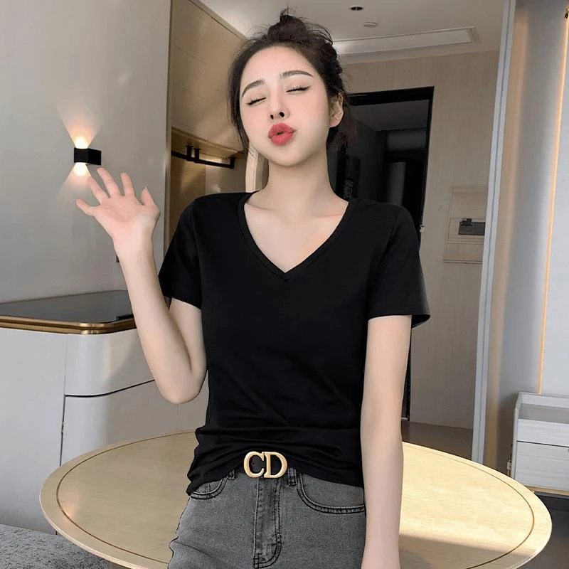 拉夏贝尔螺纹V领短袖t恤女2024夏季修身显瘦洋气百搭深V纯色打底