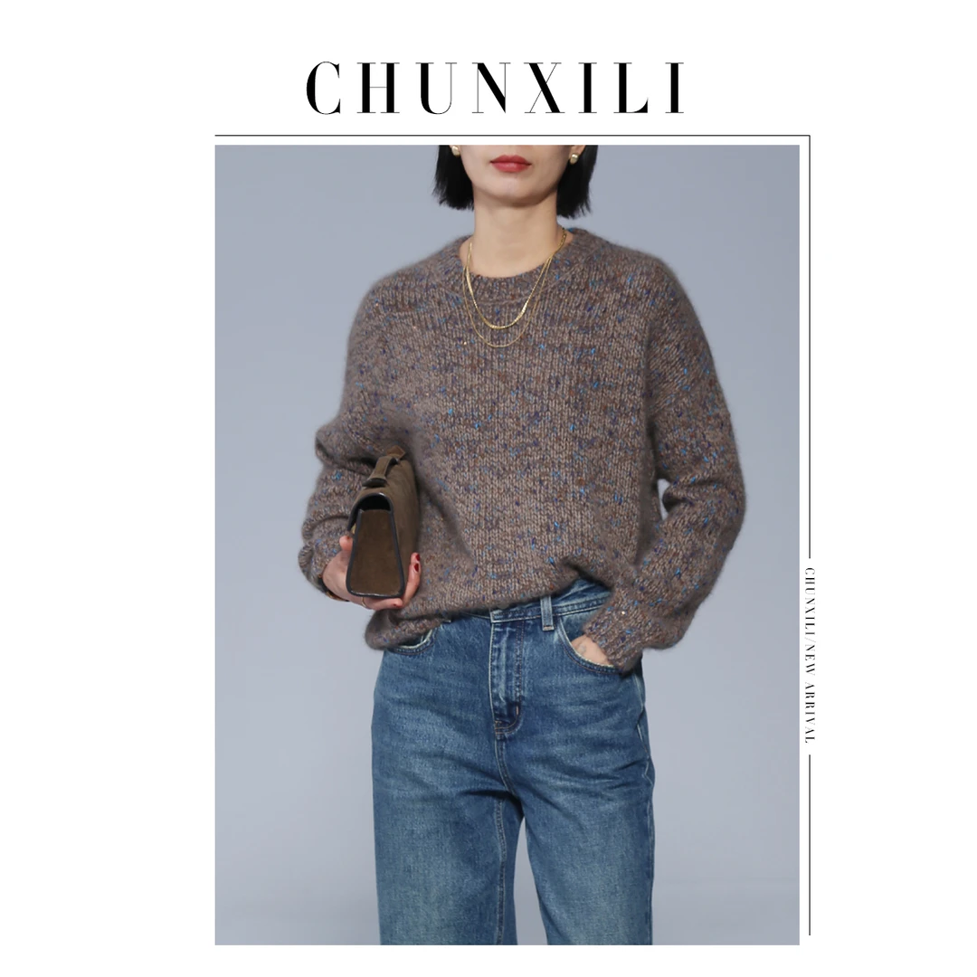 CHUNXILI/轻奢紫色花纱亮片毛衣 浣熊绒羊毛混纺气质圆领加厚毛衫