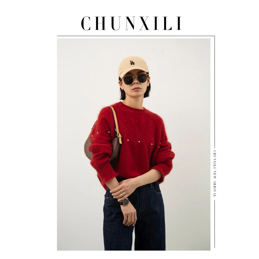 CHUNXILI/高级感珍珠毛衣 浣熊绒羊绒羊毛加厚软糯复古红色毛衫