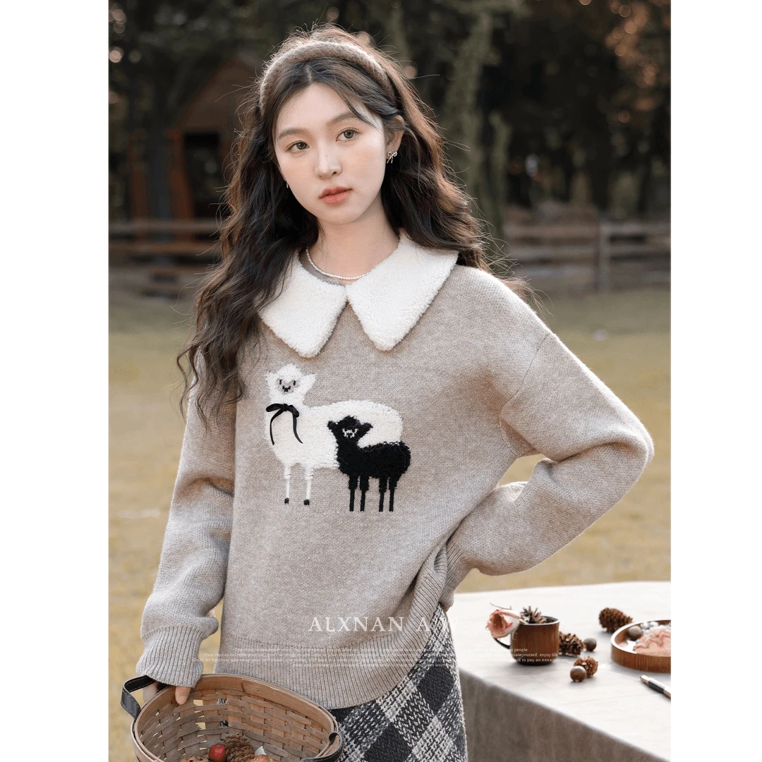 鹿向南《爱丁堡小羊》送毛领法式慵懒风毛衣设计感L330199